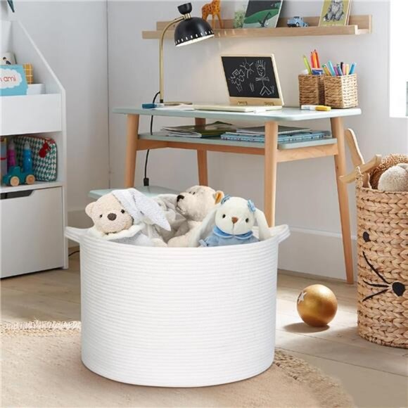 White Cotton Rope Storage Basket, 22" X 22" X 14" Extra Large Blanket Storage - Picture 5 of 7